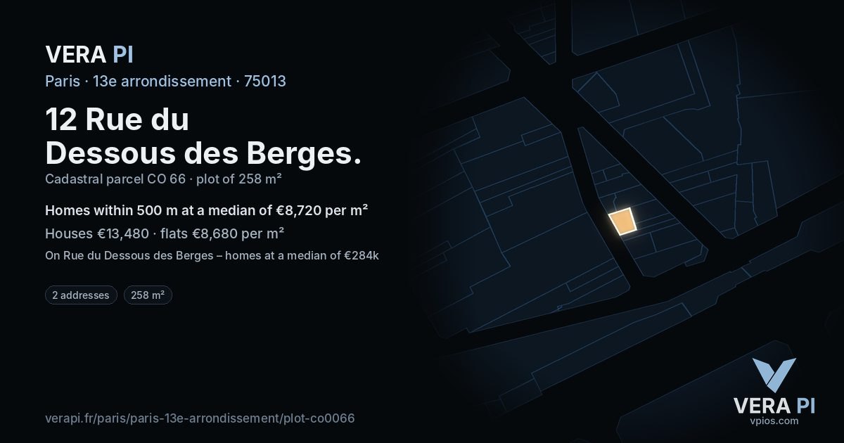 12 Rue du Dessous des Berges, 13e arrondissement at night – the plot lit, the parcels around coloured by the prices near them