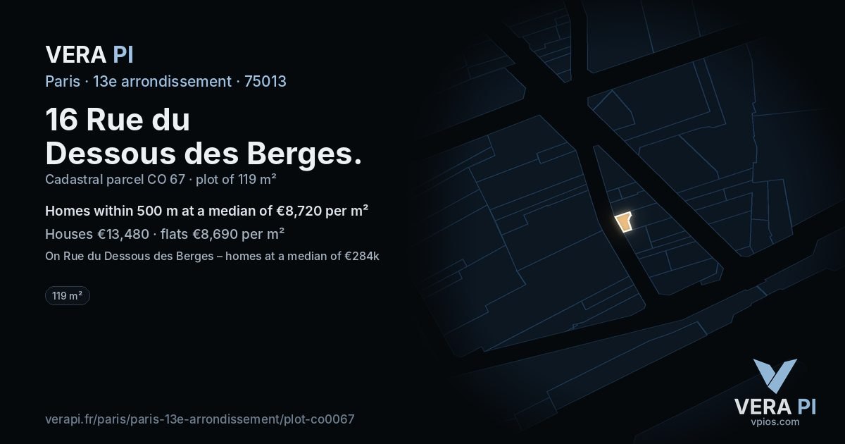 16 Rue du Dessous des Berges, 13e arrondissement at night – the plot lit, the parcels around coloured by the prices near them