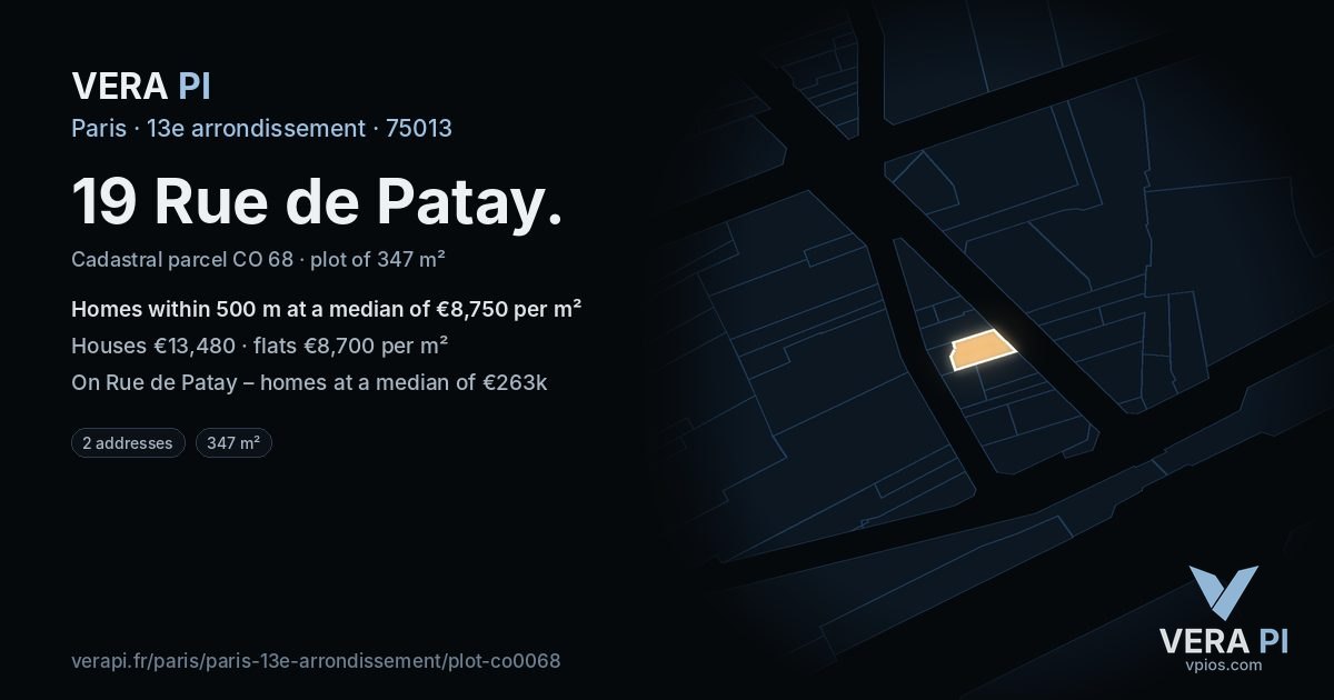 19 Rue de Patay, 13e arrondissement at night – the plot lit, the parcels around coloured by the prices near them