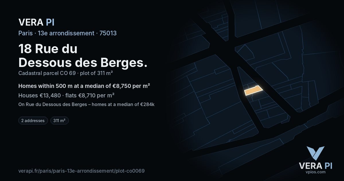 18 Rue du Dessous des Berges, 13e arrondissement at night – the plot lit, the parcels around coloured by the prices near them