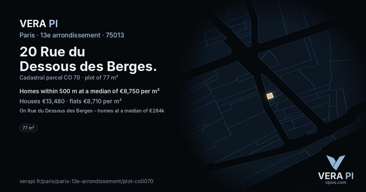 20 Rue du Dessous des Berges, 13e arrondissement at night – the plot lit, the parcels around coloured by the prices near them