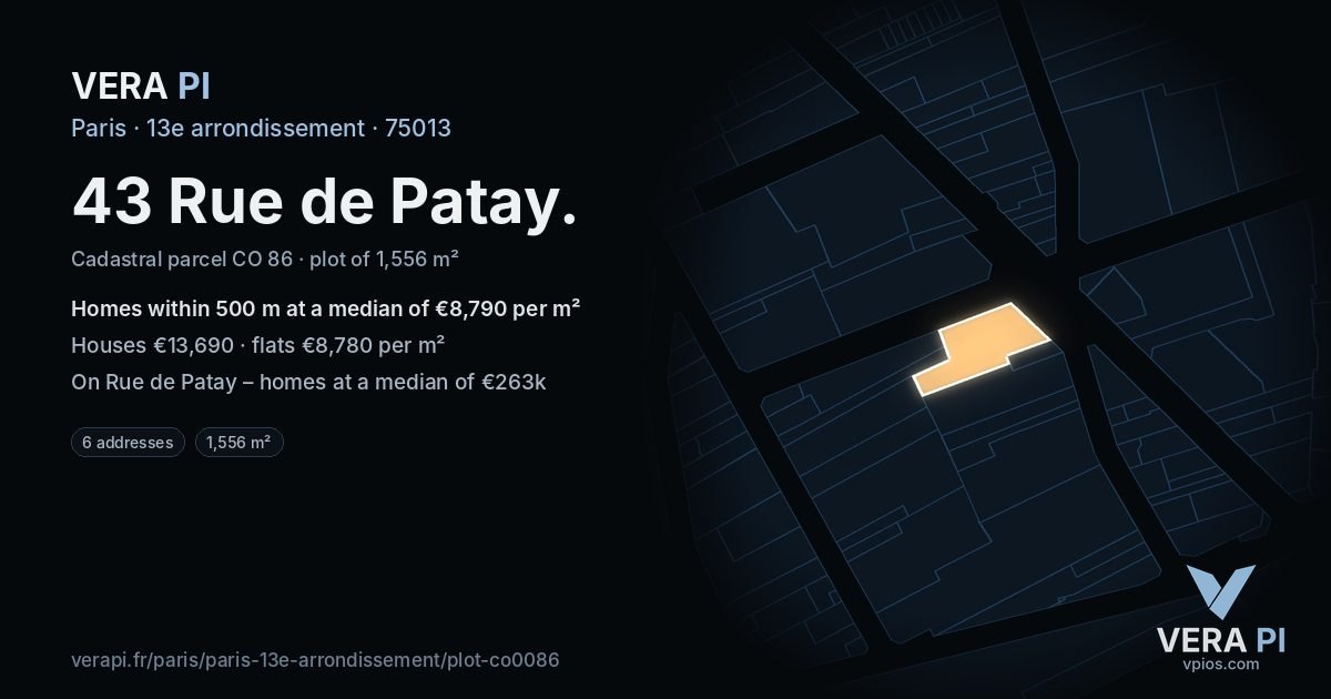 43 Rue de Patay, 13e arrondissement at night – the plot lit, the parcels around coloured by the prices near them