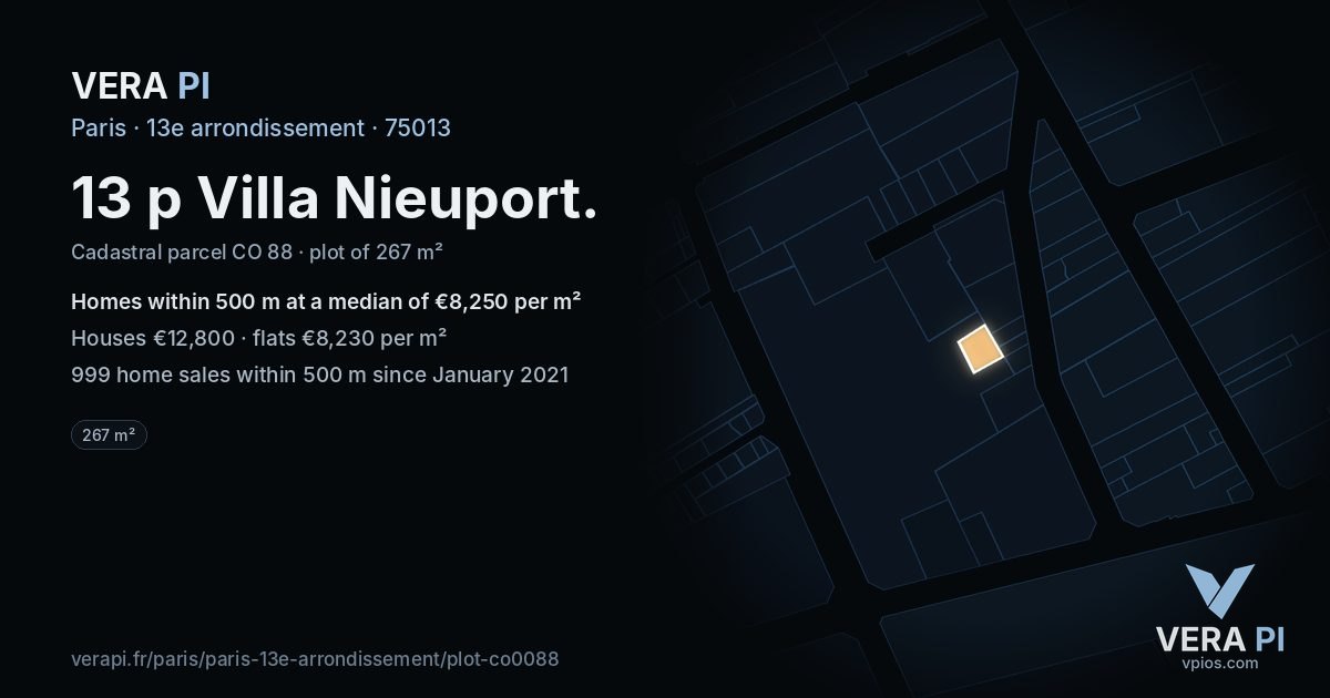 13 p Villa Nieuport, 13e arrondissement at night – the plot lit, the parcels around coloured by the prices near them