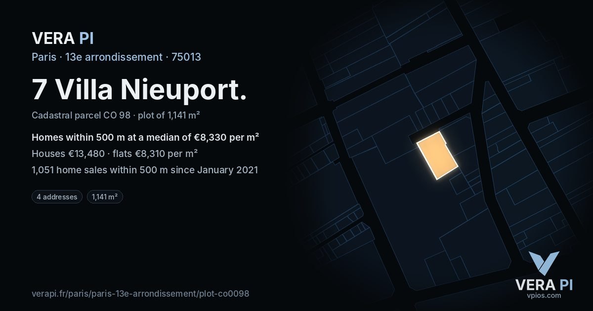 7 Villa Nieuport, 13e arrondissement at night – the plot lit, the parcels around coloured by the prices near them