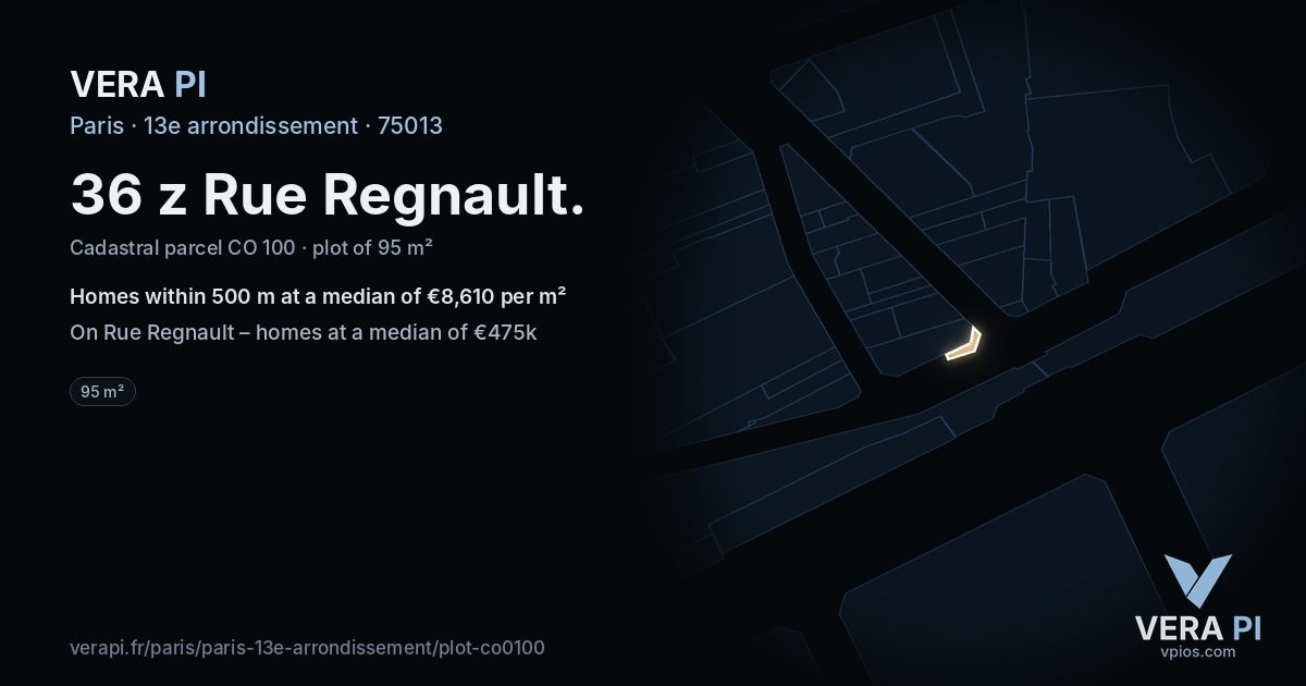 36 z Rue Regnault, 13e arrondissement at night – the plot lit, the parcels around coloured by the prices near them