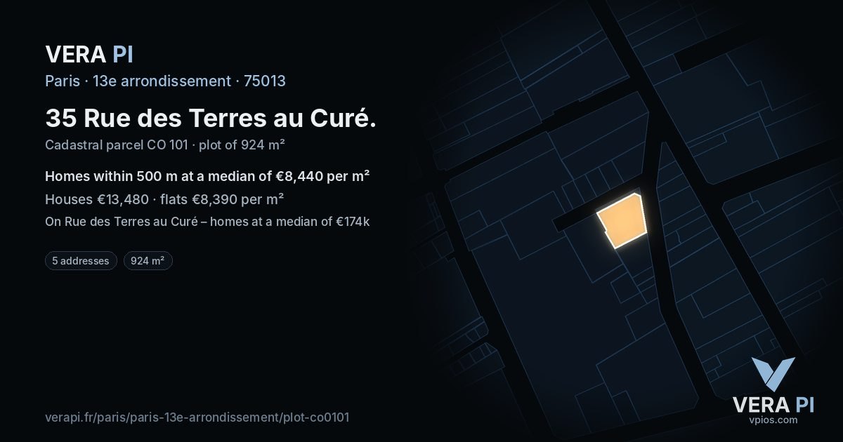 35 Rue des Terres au Curé, 13e arrondissement at night – the plot lit, the parcels around coloured by the prices near them