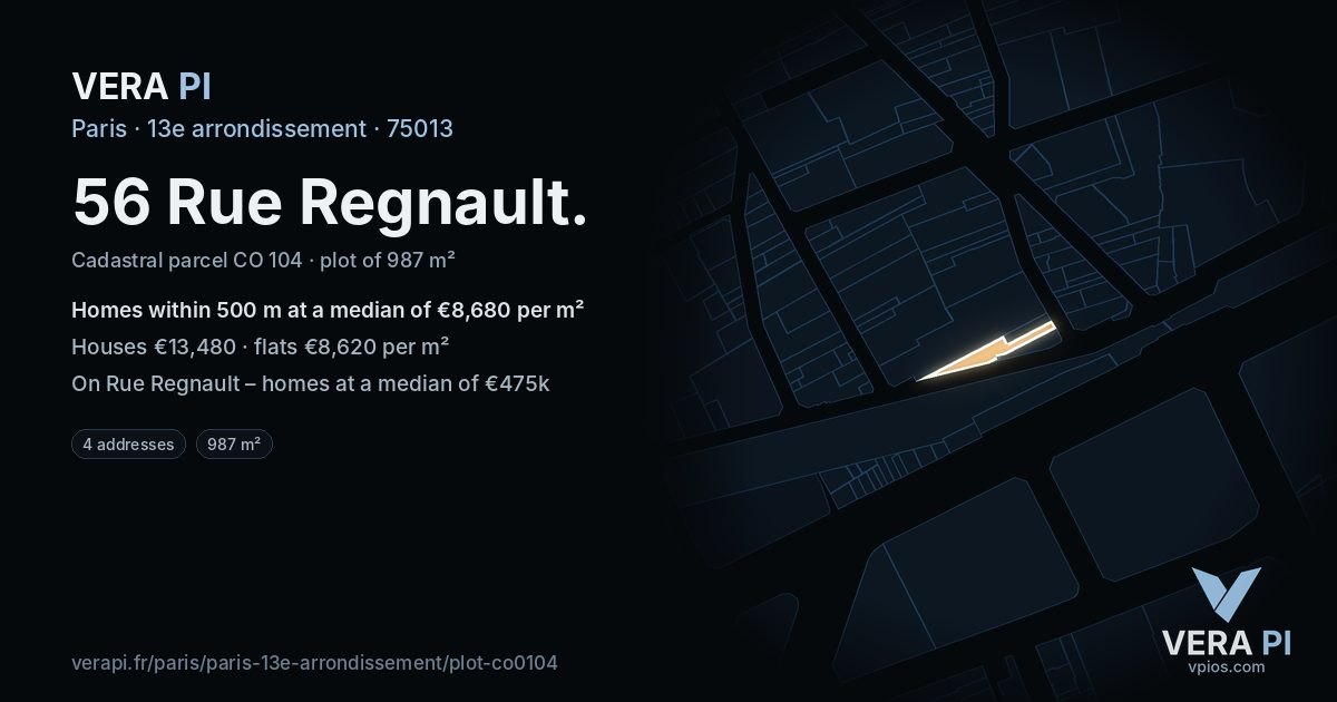 56 Rue Regnault, 13e arrondissement at night – the plot lit, the parcels around coloured by the prices near them