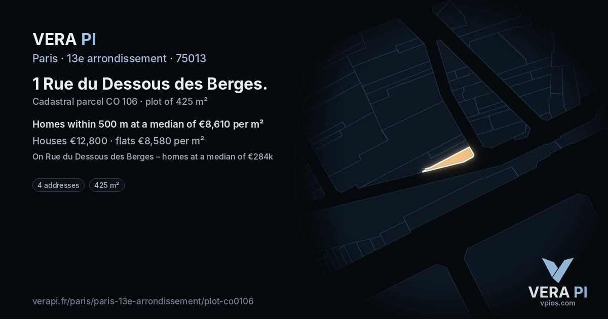 1 Rue du Dessous des Berges, 13e arrondissement at night – the plot lit, the parcels around coloured by the prices near them