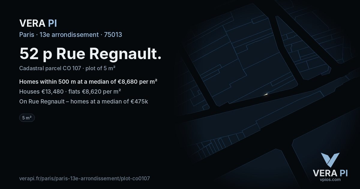 52 p Rue Regnault, 13e arrondissement at night – the plot lit, the parcels around coloured by the prices near them