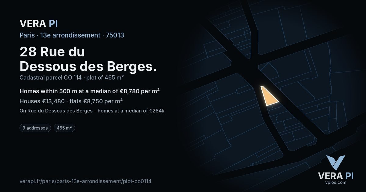 28 Rue du Dessous des Berges, 13e arrondissement at night – the plot lit, the parcels around coloured by the prices near them