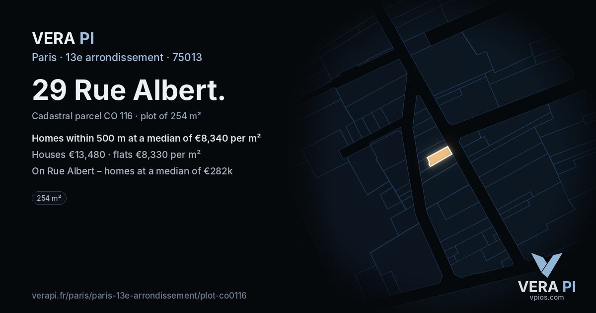29 Rue Albert, 13e arrondissement at night – the plot lit, the parcels around coloured by the prices near them