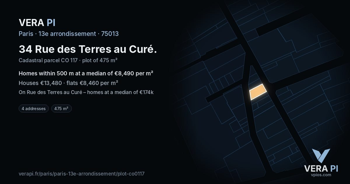 34 Rue des Terres au Curé, 13e arrondissement at night – the plot lit, the parcels around coloured by the prices near them