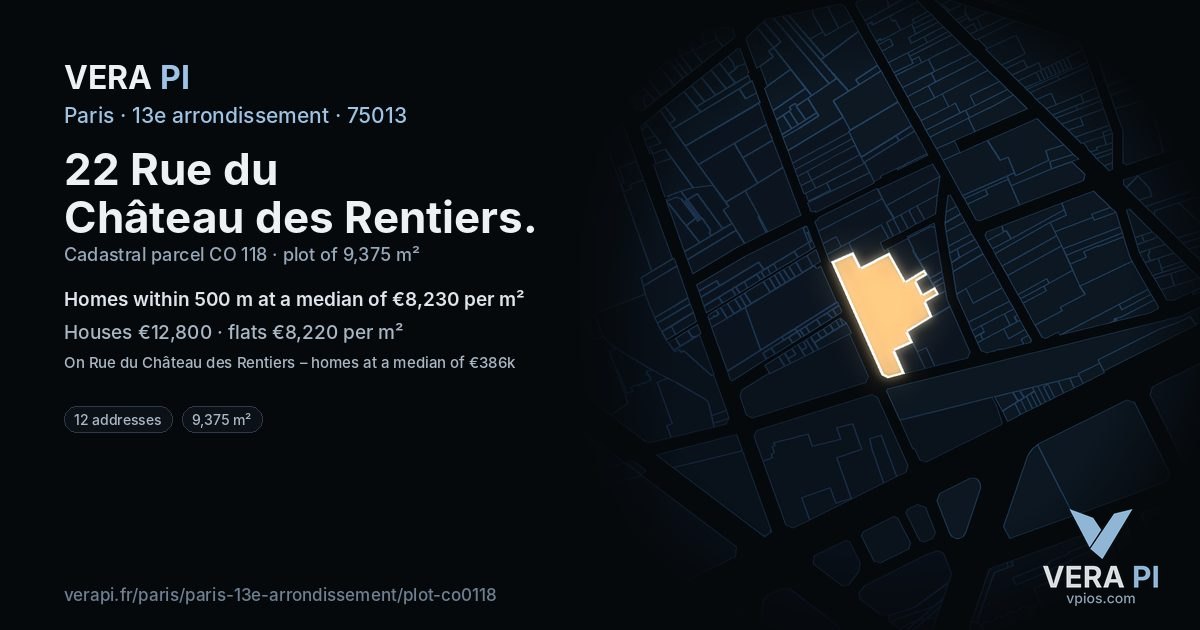 22 Rue du Château des Rentiers, 13e arrondissement at night – the plot lit, the parcels around coloured by the prices near them