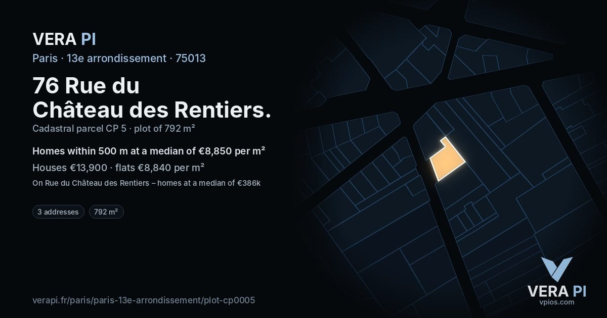 76 Rue du Château des Rentiers, 13e arrondissement at night – the plot lit, the parcels around coloured by the prices near them