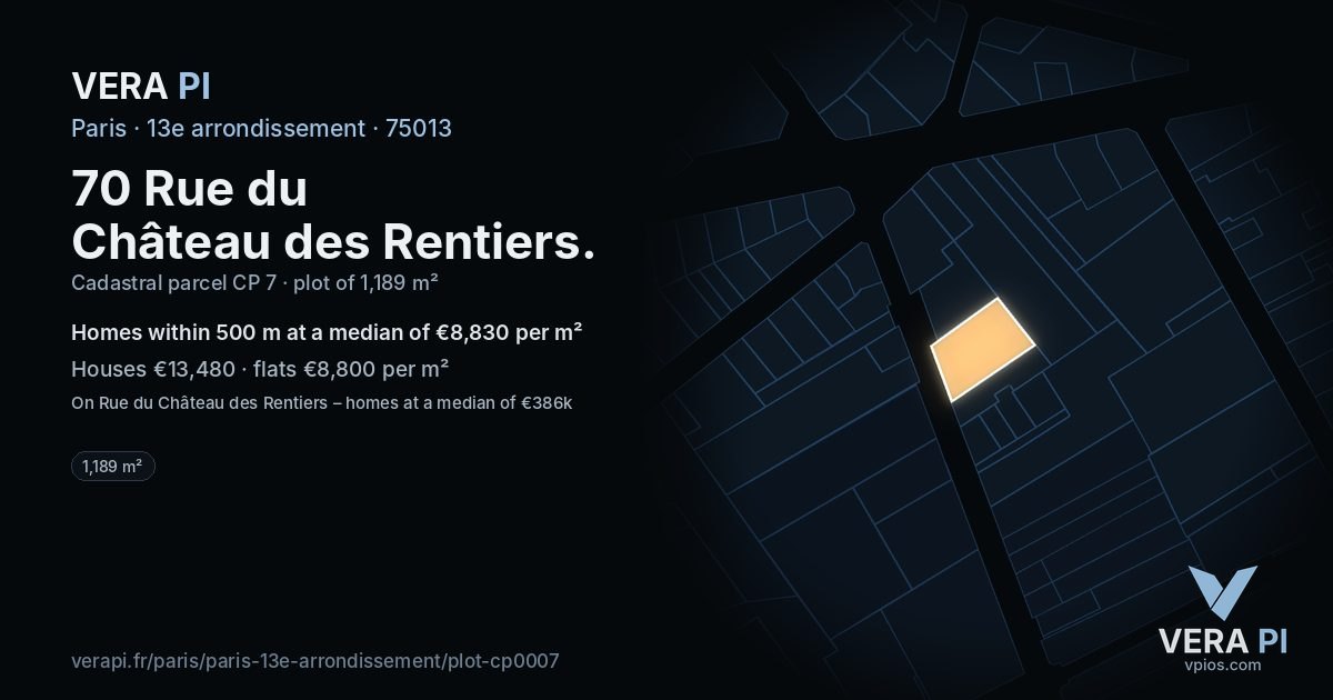 70 Rue du Château des Rentiers, 13e arrondissement at night – the plot lit, the parcels around coloured by the prices near them