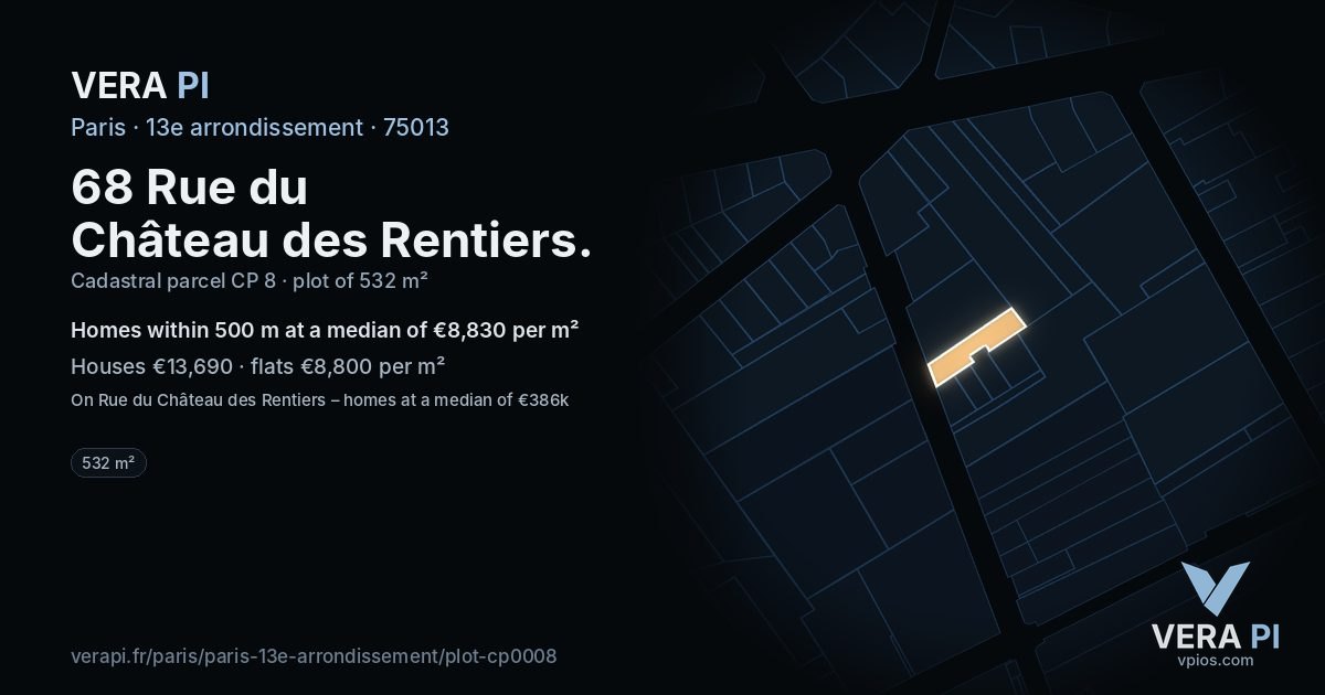 68 Rue du Château des Rentiers, 13e arrondissement at night – the plot lit, the parcels around coloured by the prices near them