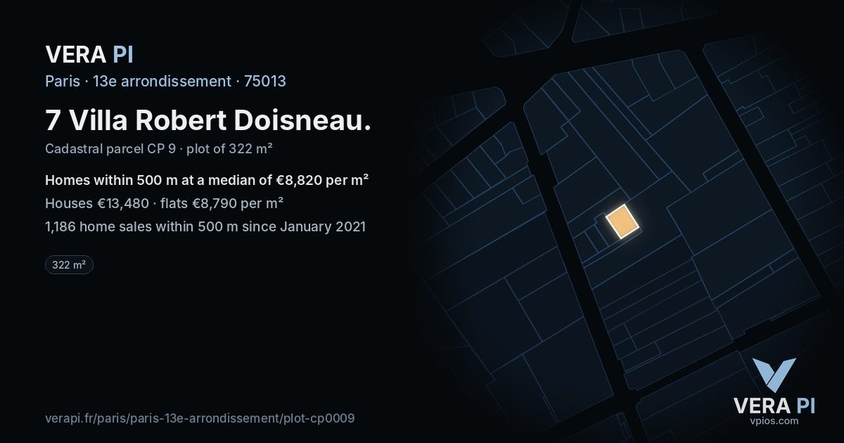 7 Villa Robert Doisneau, 13e arrondissement at night – the plot lit, the parcels around coloured by the prices near them