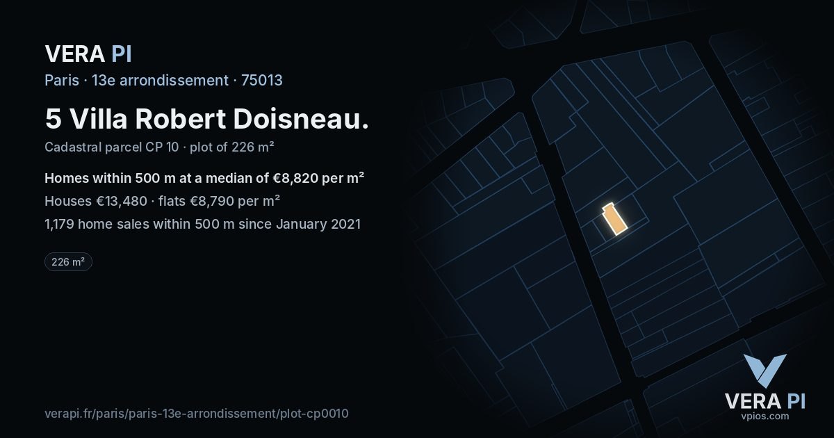5 Villa Robert Doisneau, 13e arrondissement at night – the plot lit, the parcels around coloured by the prices near them