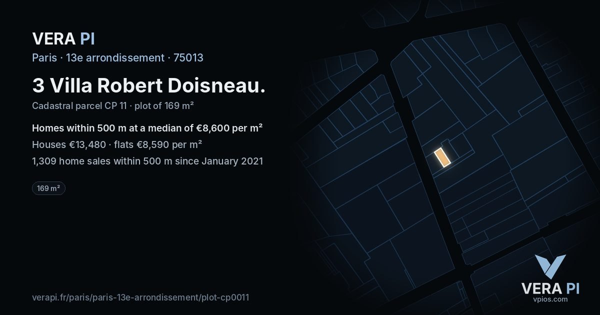 3 Villa Robert Doisneau, 13e arrondissement at night – the plot lit, the parcels around coloured by the prices near them