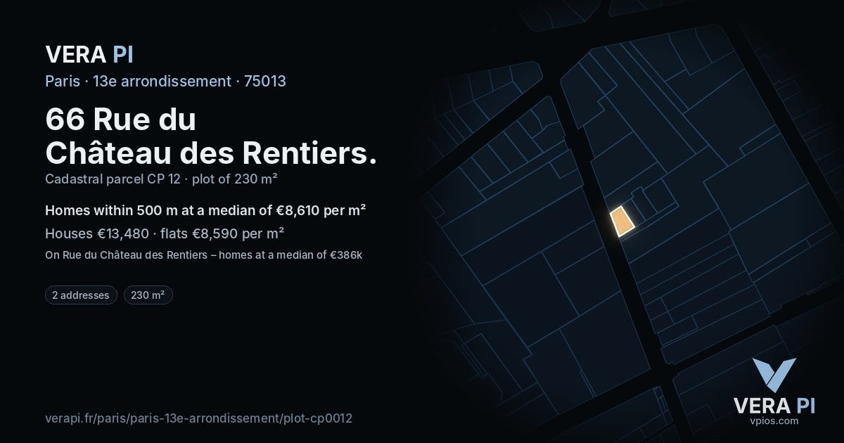 66 Rue du Château des Rentiers, 13e arrondissement at night – the plot lit, the parcels around coloured by the prices near them