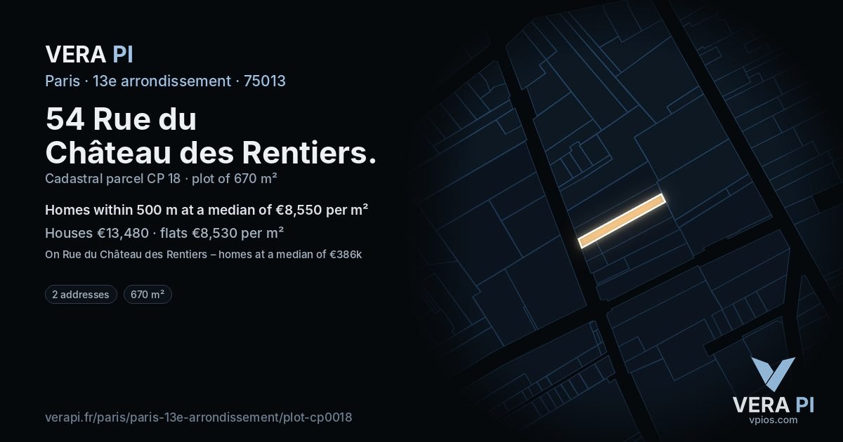 54 Rue du Château des Rentiers, 13e arrondissement at night – the plot lit, the parcels around coloured by the prices near them
