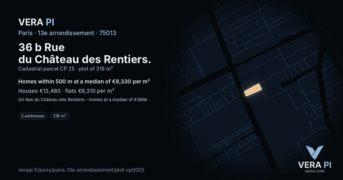 36 b Rue du Château des Rentiers, 13e arrondissement at night – the plot lit, the parcels around coloured by the prices near them