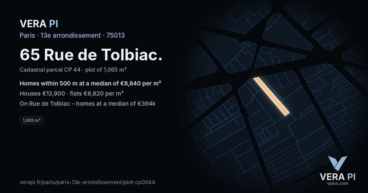 65 Rue de Tolbiac, 13e arrondissement at night – the plot lit, the parcels around coloured by the prices near them