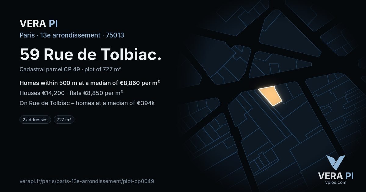 59 Rue de Tolbiac, 13e arrondissement at night – the plot lit, the parcels around coloured by the prices near them