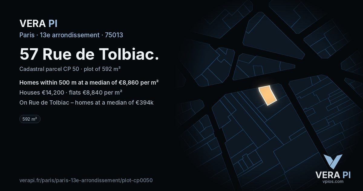 57 Rue de Tolbiac, 13e arrondissement at night – the plot lit, the parcels around coloured by the prices near them