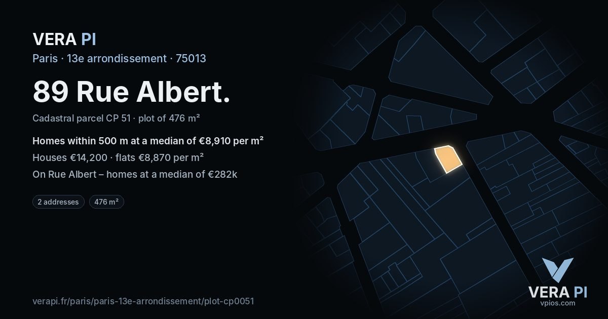 89 Rue Albert, 13e arrondissement at night – the plot lit, the parcels around coloured by the prices near them