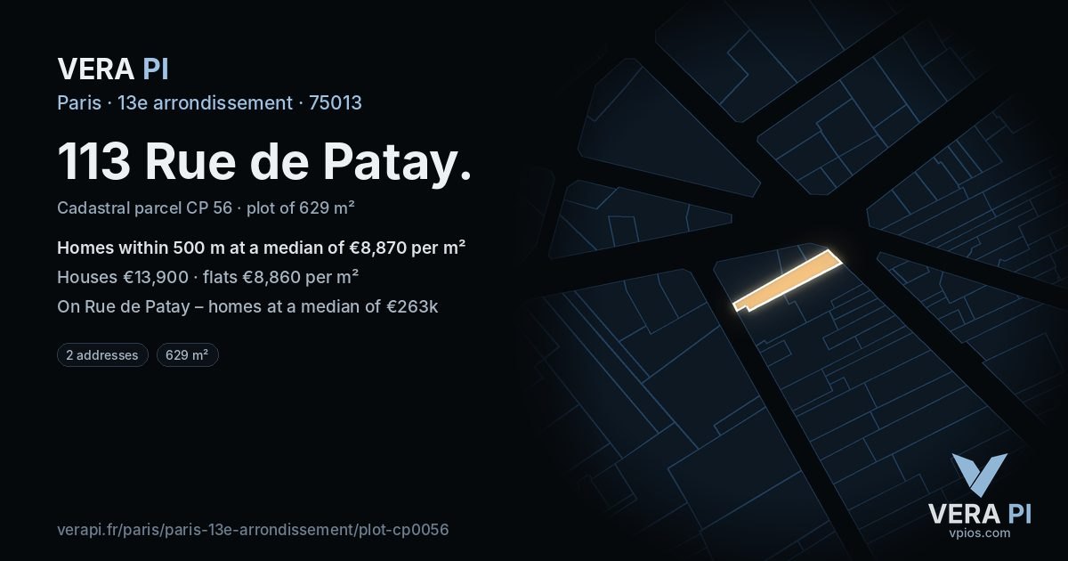 113 Rue de Patay, 13e arrondissement at night – the plot lit, the parcels around coloured by the prices near them