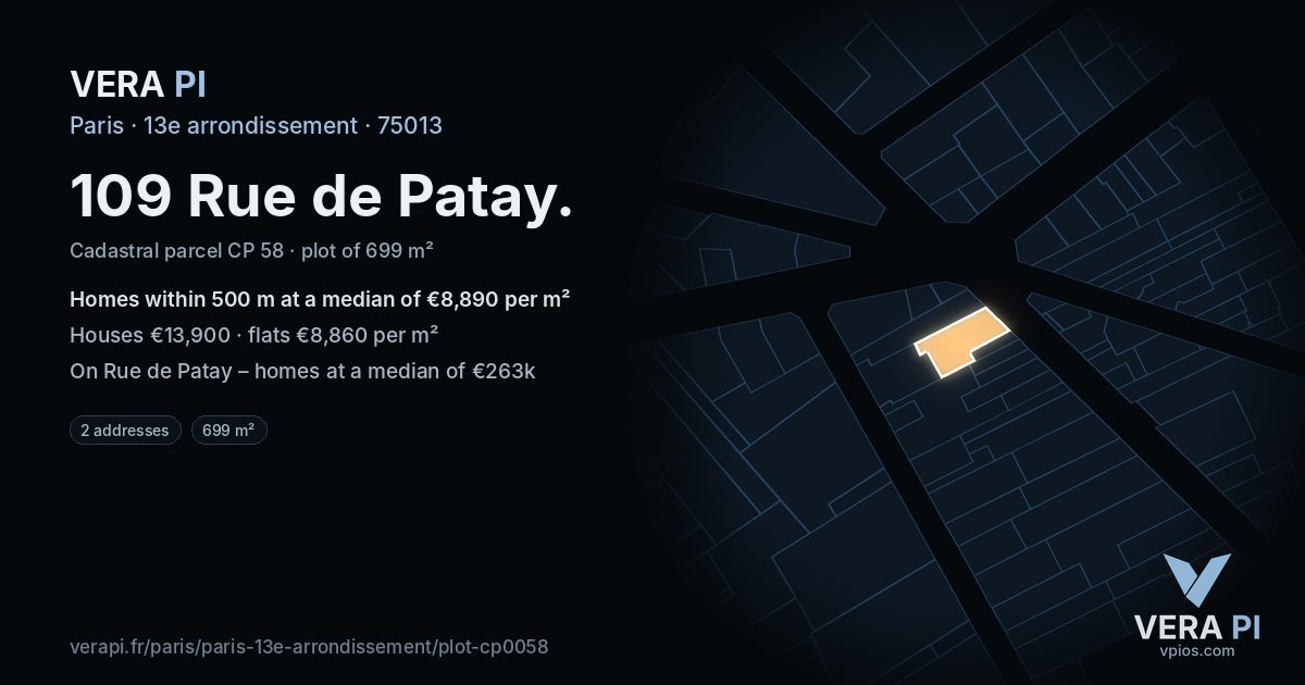109 Rue de Patay, 13e arrondissement at night – the plot lit, the parcels around coloured by the prices near them