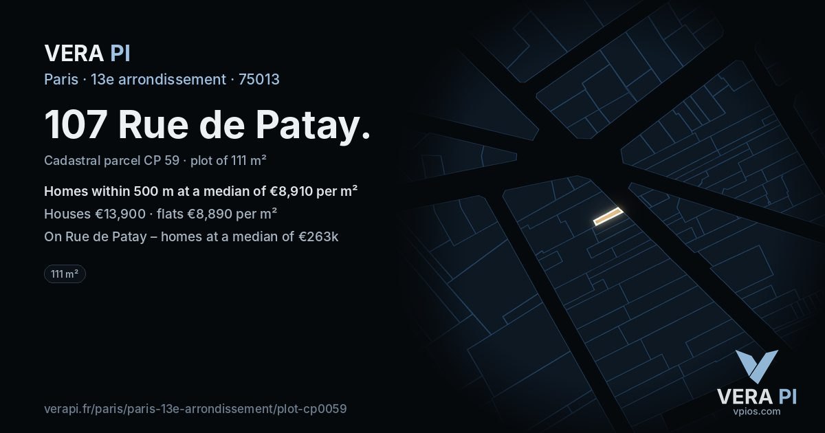 107 Rue de Patay, 13e arrondissement at night – the plot lit, the parcels around coloured by the prices near them