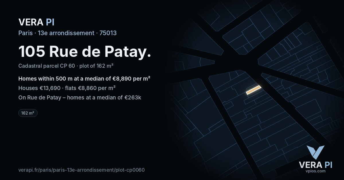 105 Rue de Patay, 13e arrondissement at night – the plot lit, the parcels around coloured by the prices near them
