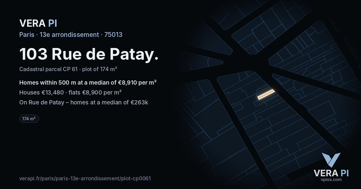 103 Rue de Patay, 13e arrondissement at night – the plot lit, the parcels around coloured by the prices near them