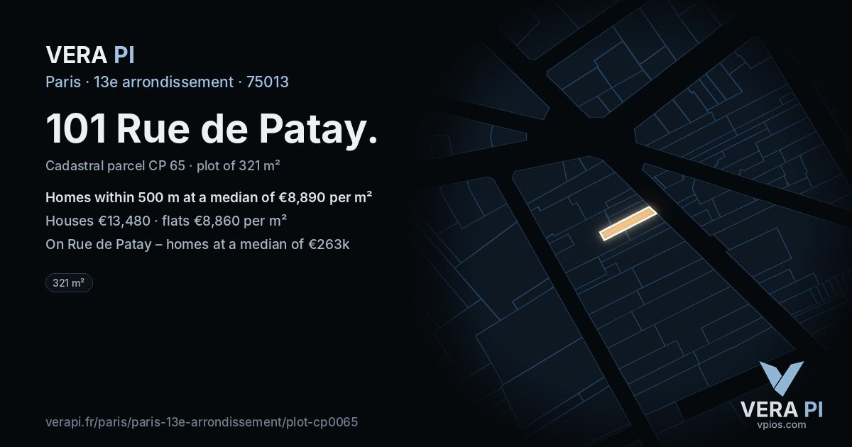 101 Rue de Patay, 13e arrondissement at night – the plot lit, the parcels around coloured by the prices near them