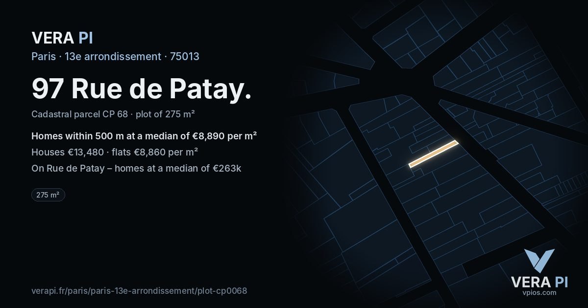 97 Rue de Patay, 13e arrondissement at night – the plot lit, the parcels around coloured by the prices near them