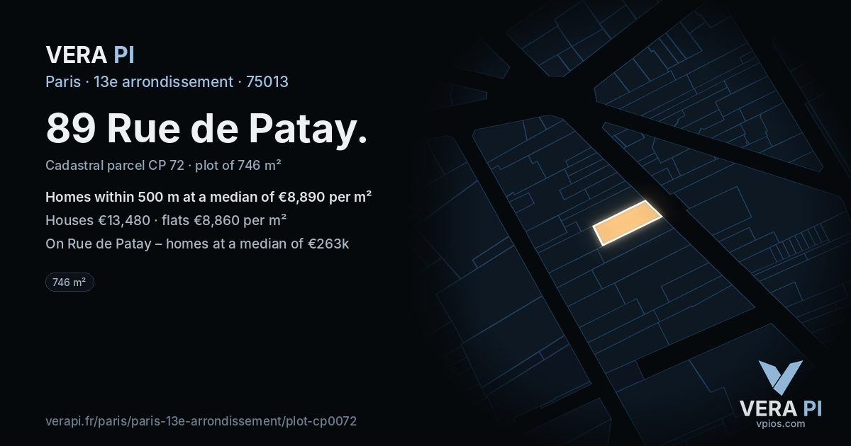 89 Rue de Patay, 13e arrondissement at night – the plot lit, the parcels around coloured by the prices near them