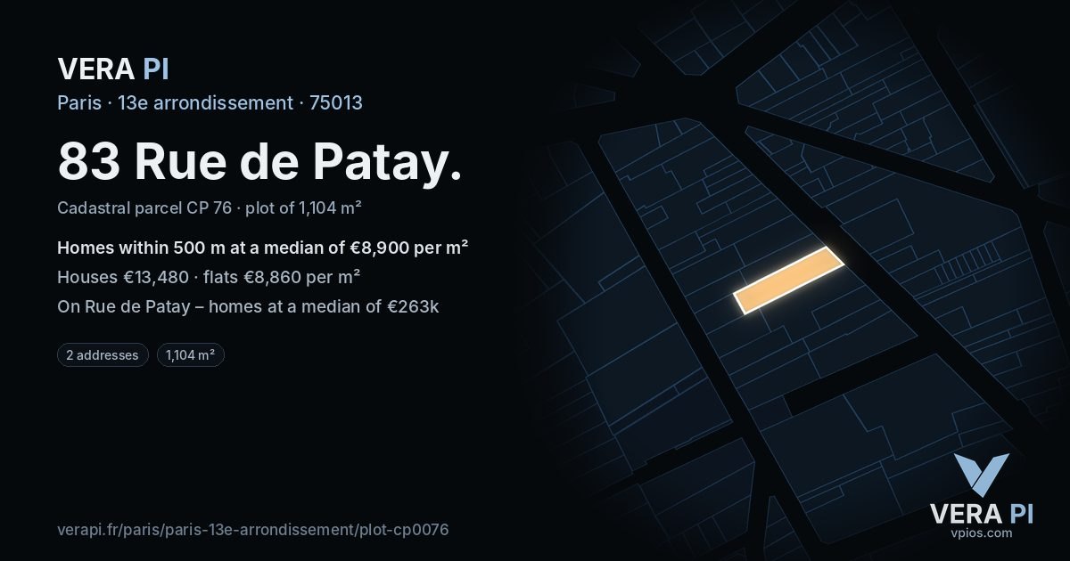 83 Rue de Patay, 13e arrondissement at night – the plot lit, the parcels around coloured by the prices near them