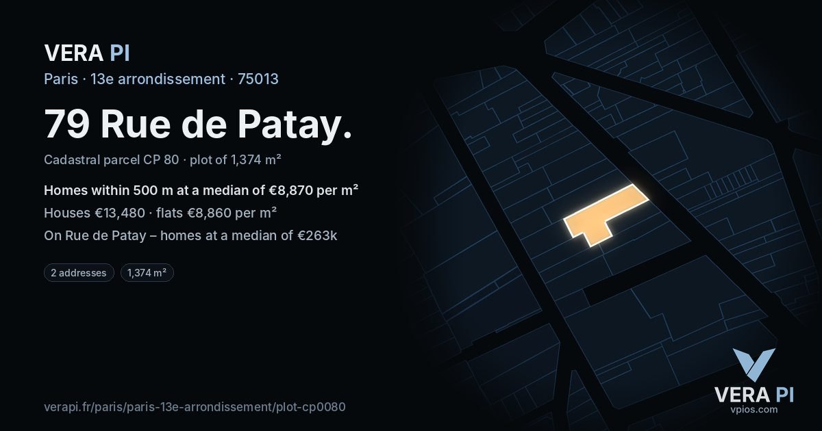 79 Rue de Patay, 13e arrondissement at night – the plot lit, the parcels around coloured by the prices near them