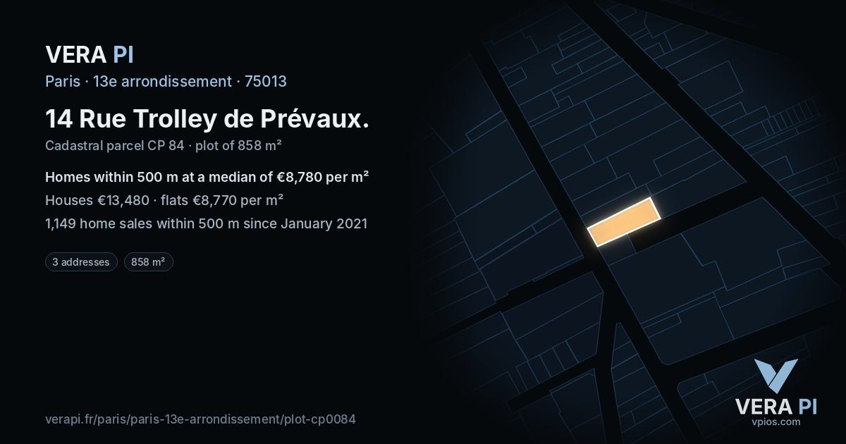 14 Rue Trolley de Prévaux, 13e arrondissement at night – the plot lit, the parcels around coloured by the prices near them