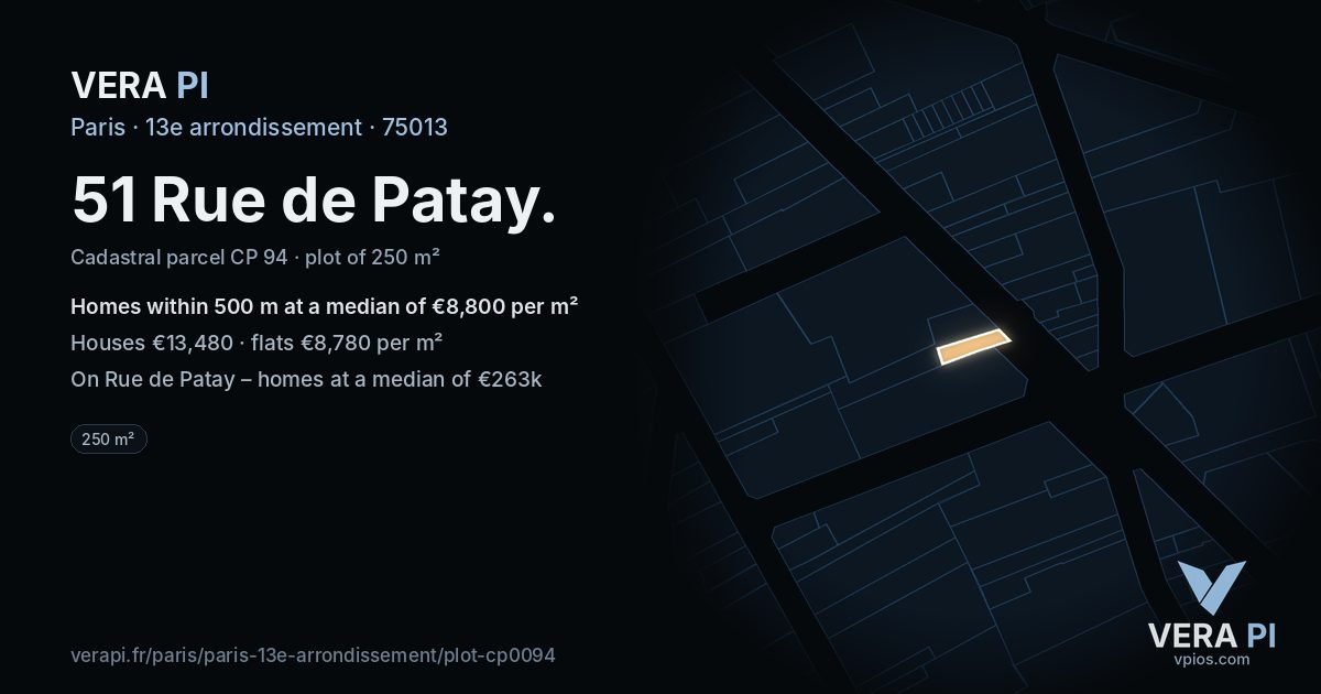 51 Rue de Patay, 13e arrondissement at night – the plot lit, the parcels around coloured by the prices near them