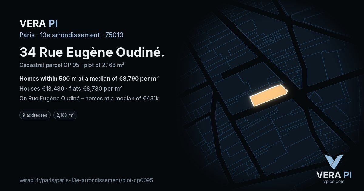 34 Rue Eugène Oudiné, 13e arrondissement at night – the plot lit, the parcels around coloured by the prices near them
