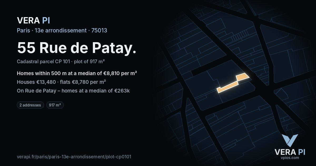 55 Rue de Patay, 13e arrondissement at night – the plot lit, the parcels around coloured by the prices near them