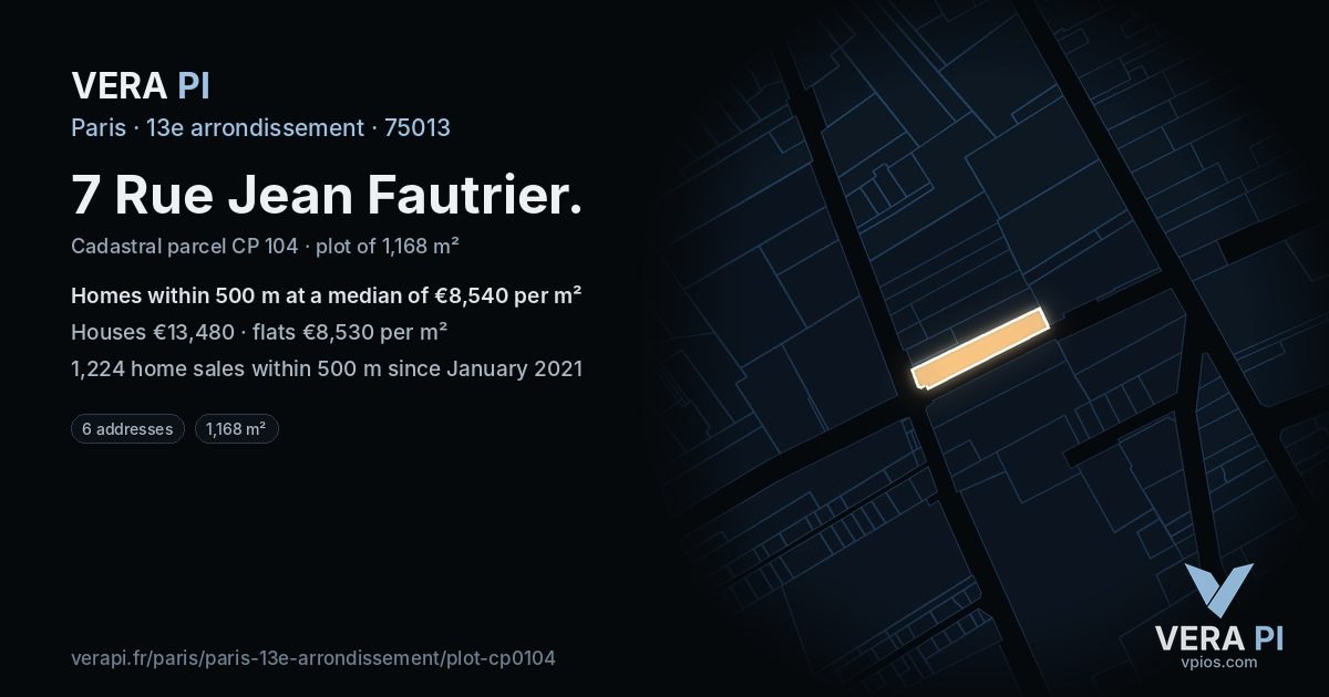 7 Rue Jean Fautrier, 13e arrondissement at night – the plot lit, the parcels around coloured by the prices near them