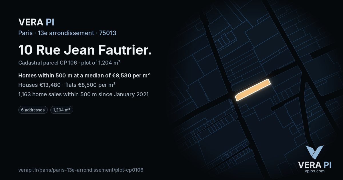 10 Rue Jean Fautrier, 13e arrondissement at night – the plot lit, the parcels around coloured by the prices near them
