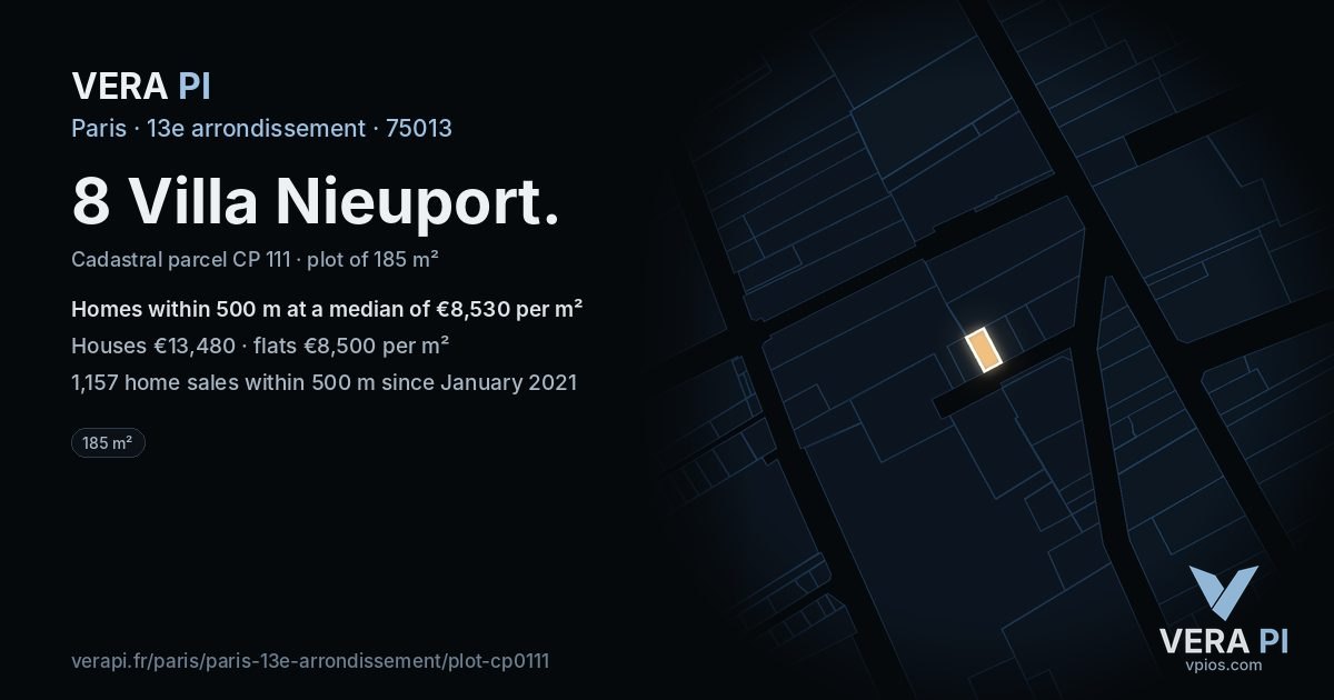 8 Villa Nieuport, 13e arrondissement at night – the plot lit, the parcels around coloured by the prices near them