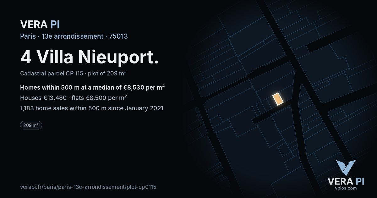 4 Villa Nieuport, 13e arrondissement at night – the plot lit, the parcels around coloured by the prices near them