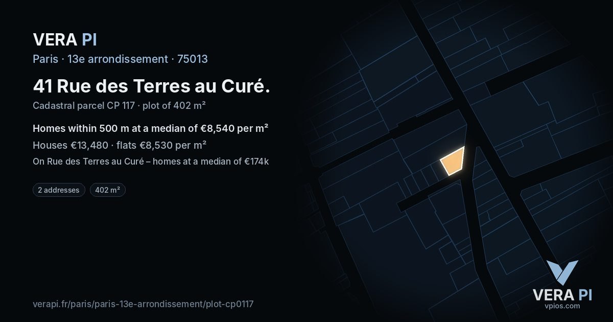 41 Rue des Terres au Curé, 13e arrondissement at night – the plot lit, the parcels around coloured by the prices near them