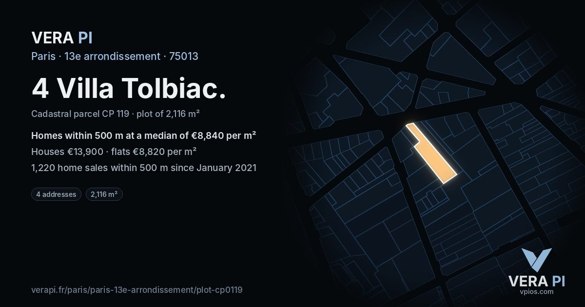 4 Villa Tolbiac, 13e arrondissement at night – the plot lit, the parcels around coloured by the prices near them